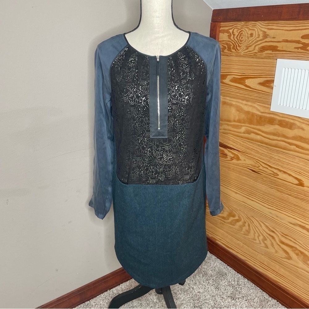 Rebecca Taylor Blue Black Lace Tweed Silk Quarter Zip Long Sleeve Mini Dress 2